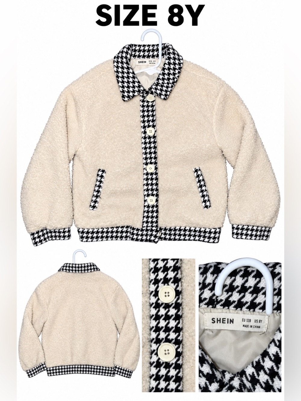 SHEIN Cream Sherpa Jacket with Black-and-White Houndstooth Trim